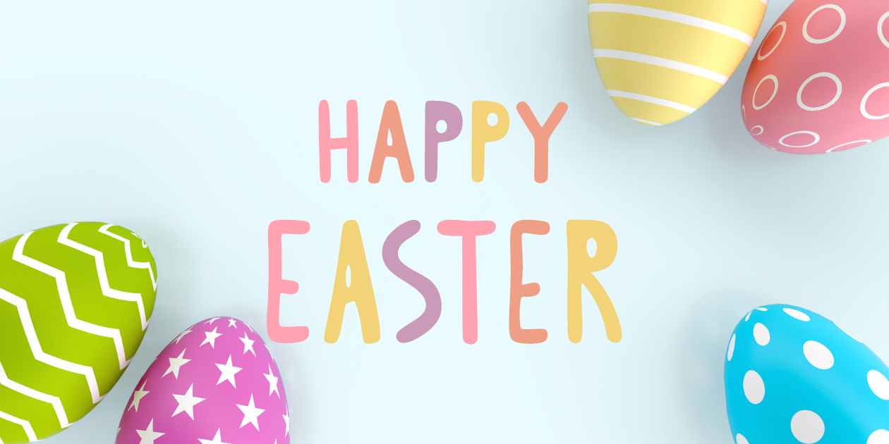 reads 'Happy Easter' over a blue background with colorful easter eggs