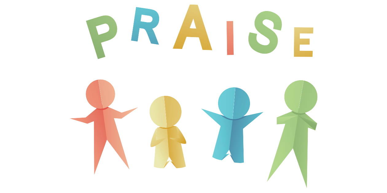 the word "praise" with 4 colorful people cutouts